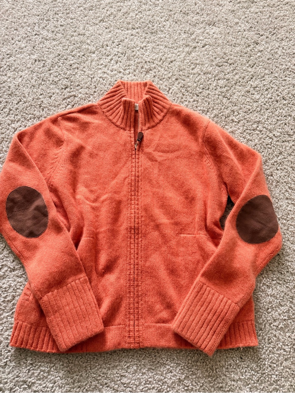 Kinross Men's Zip-Up Sweater Jacket in Rust with Brown Elbow Patches